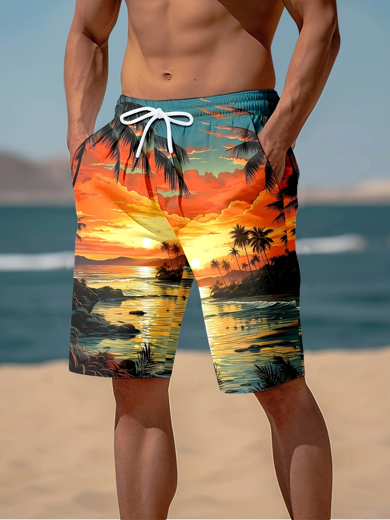 mens hawaiian digital beach sunset print shorts vibrant   with palm trees and ocean waves regular fit drawstring swim trunks for summer fitness outdoor activities and casual wear beach shorts summer swimwear vivid printed