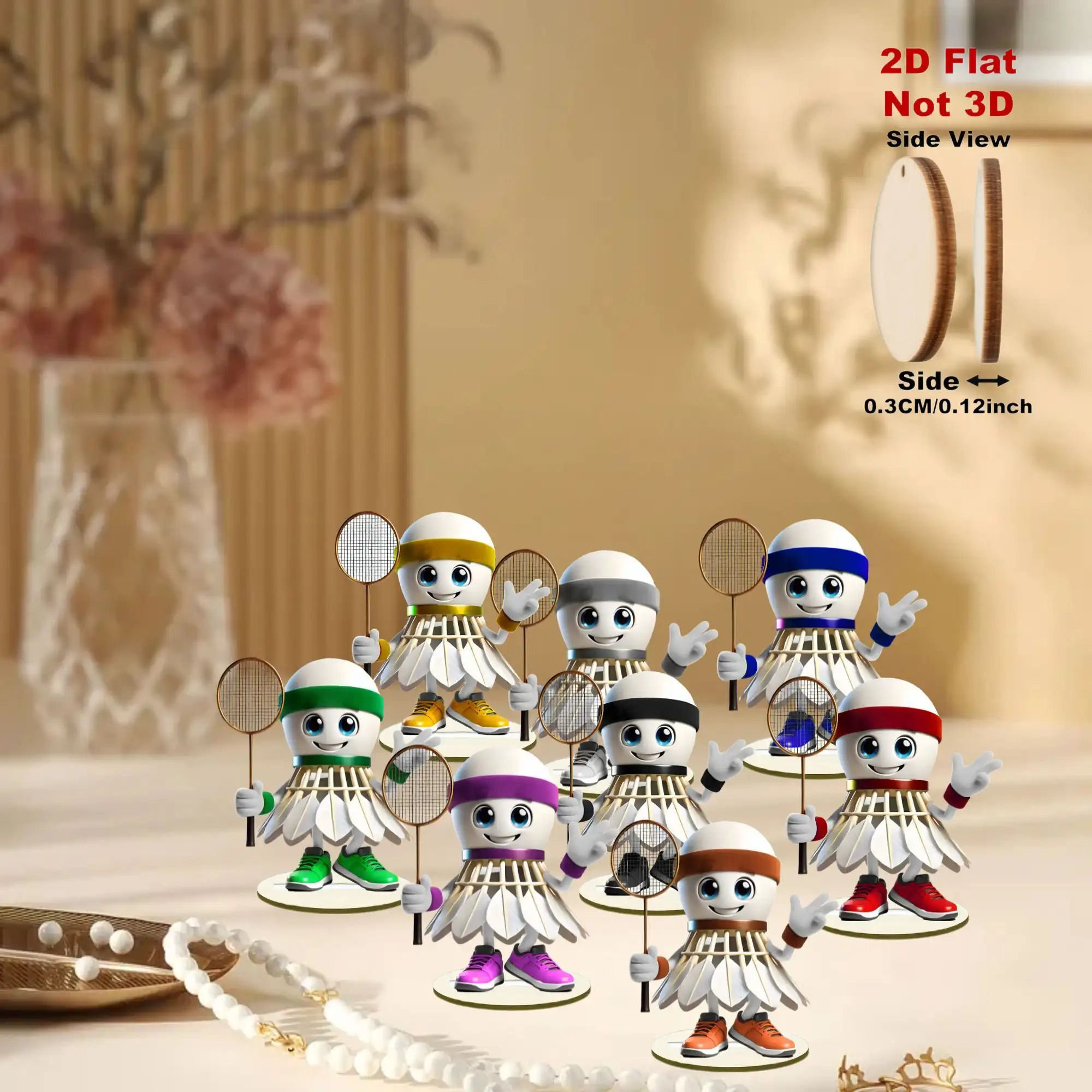 TEMU Plat 2D, 8 pièces Figurines d'athlètes en boule de plumes en bois plat 2D - Poses de coup de pied dynamiques, Mélange multicolore, Décoration de