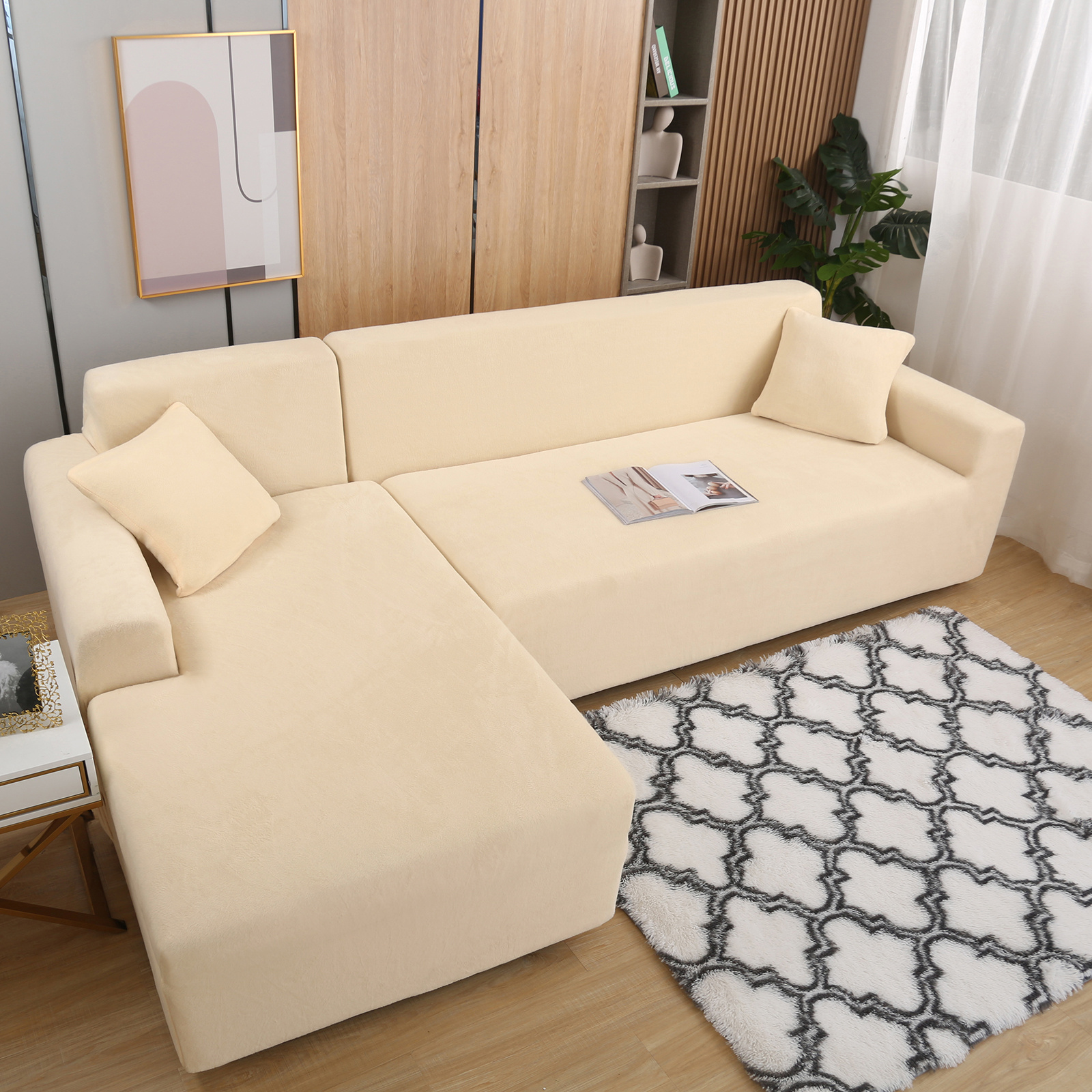 Image of Topchances Luxurious Plush Sofa Cover Set For L-shaped Couch (3-seater 2pcs), Durable Soft -friendly, , Ideal Christmas Living Room Furnishing Upgrade