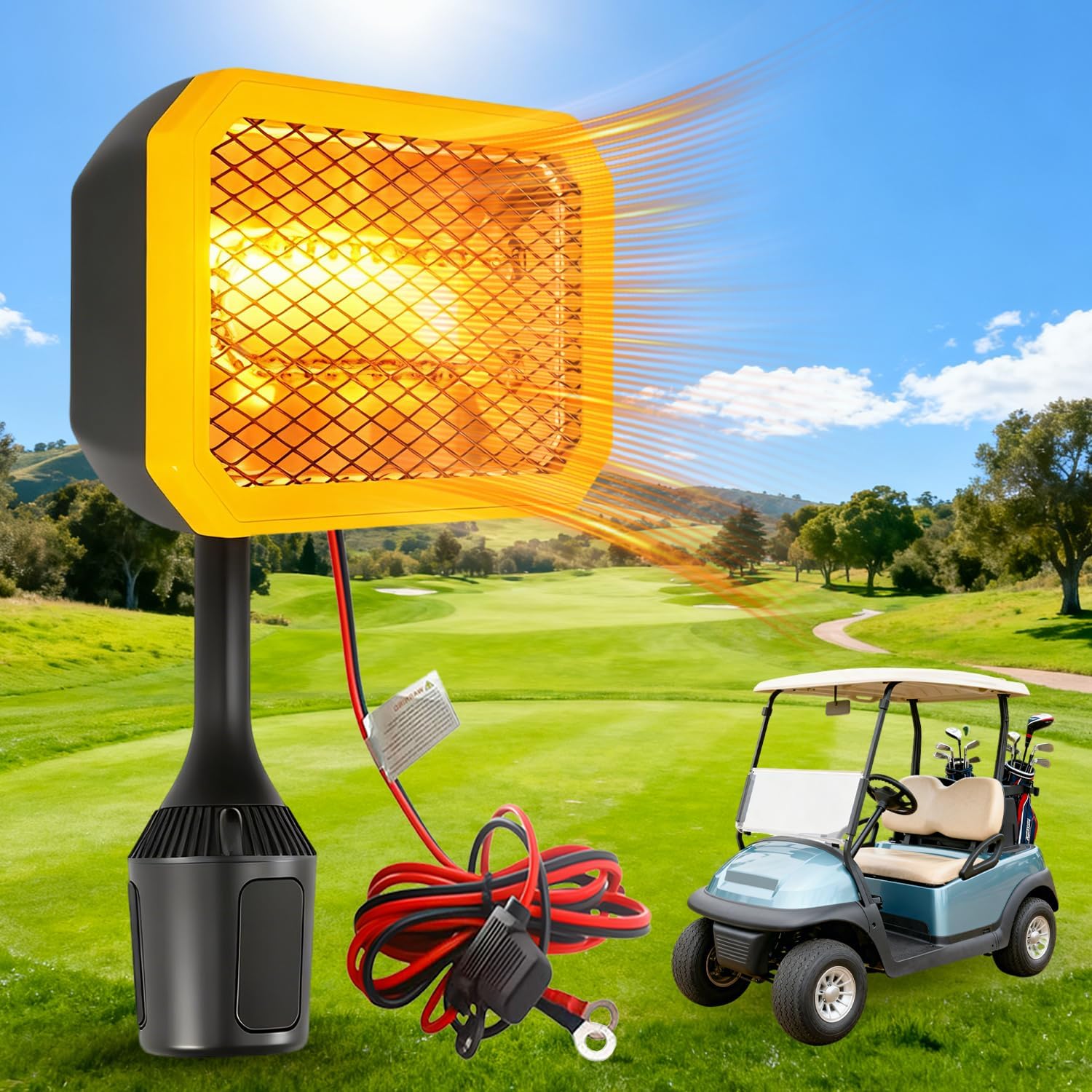 TEMU Golf Cart Heater 400w Electric Carbon Heating 360 Degree Adjustable Angle Battery Powered Heater With Cup Holder Adapter Golf Cart Accessories For 48v Golf Cart