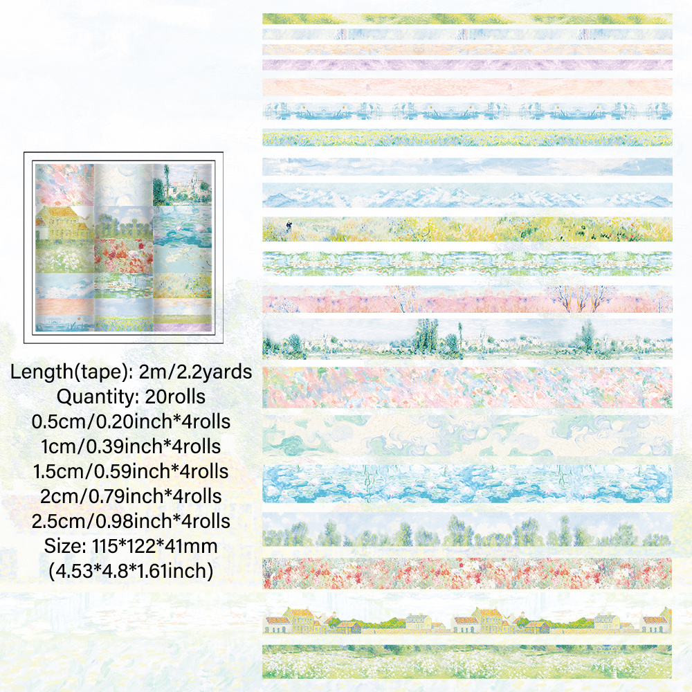 TEMU Set Of 20 Washi Tapes, Decorative Masking Tapes, 2m Long Pastel Artist Tapes, Featuring Elegant Oil Painting Designs For Journaling, Junk