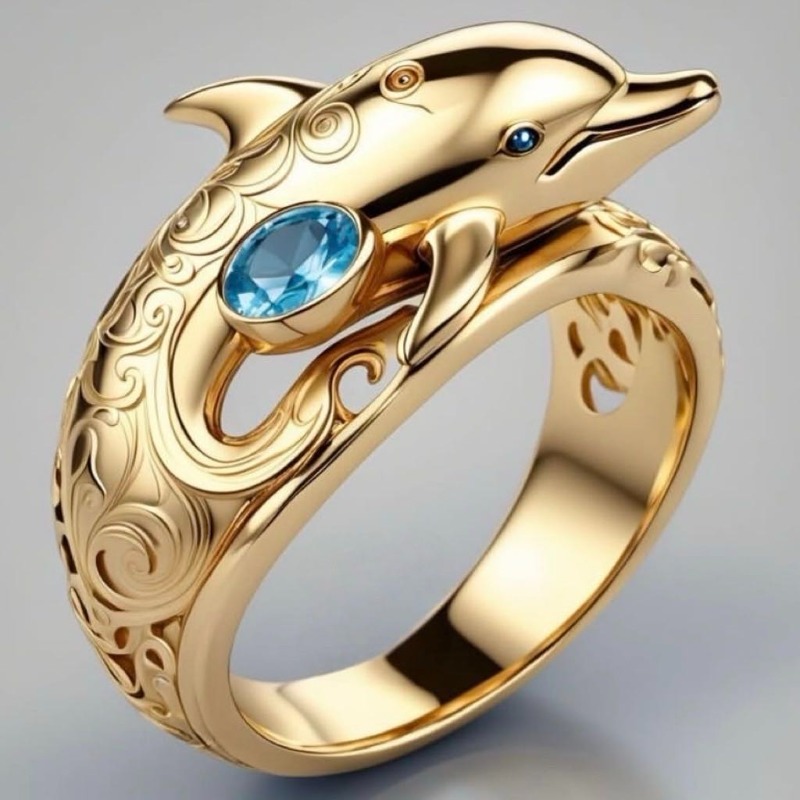 TEMU 1pc Women's Dolphin Shaped Kc Marine-themed Engagement/anniversary Ring With Blue Synthetic Zirconia - Cute & Elegant Wedding, Marine Gift For