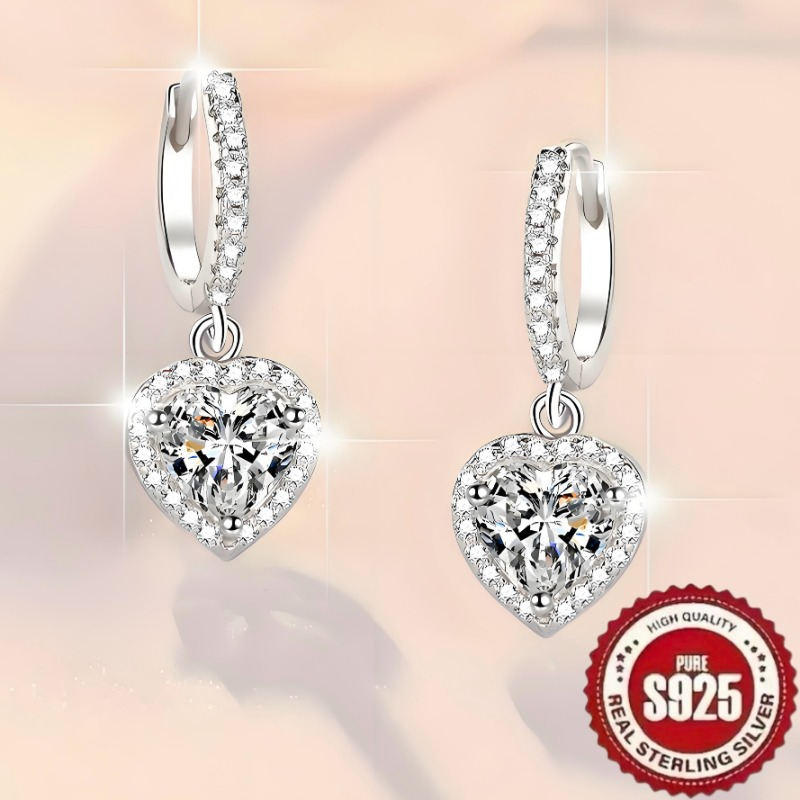 

1 Pair Elegant 925 Sterling Silver Heart-shaped Earrings, Luxury, Synthetic Zirconia Inlay, Hollow , Versatile For Daily & Gift Occasions, Valentine's Day Gift, Wear