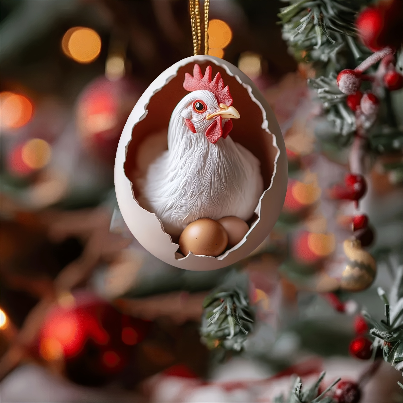 

1pc Classic Acrylic Easter Chicken Egg Ornament, 2d Printed Hanging Christmas Tree Decoration, No Electricity Needed, Featherless Holiday Decor