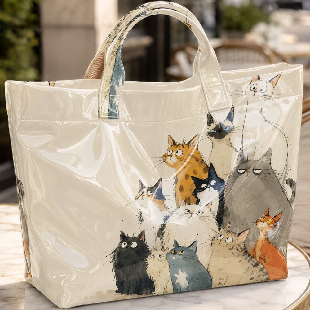 Image of Cartoon Cat Print Tote Bag Set, Large-capacity Travel Bag, Ideal For Clothing, Cosmetics, Additions, Parties, Casual Shopping, And As A Commuter Bag For Students And Office Workers