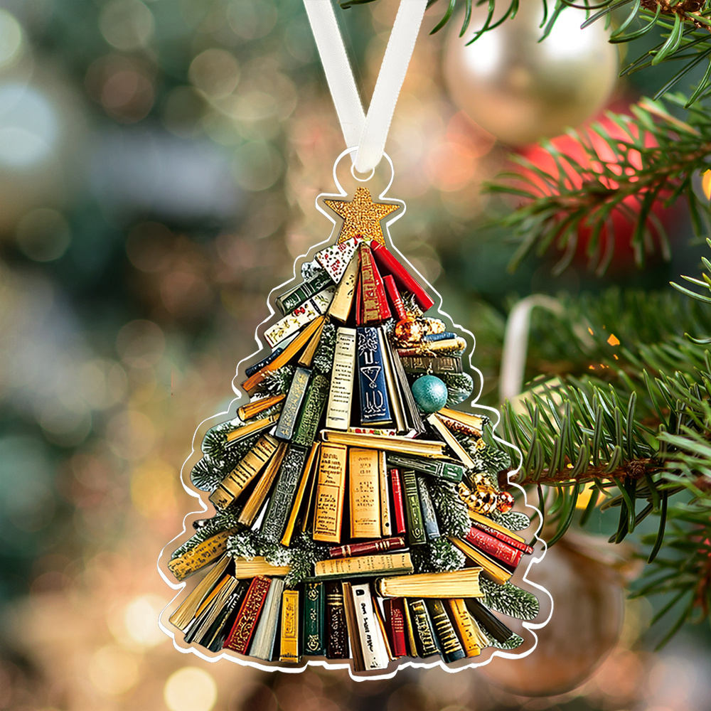 TEMU 2d Flat, Christmas Decoration, Decorative Style, Single Piece Book-shaped Ornament For , Layered Books With Green Leaf Accents, Durable Acrylic,