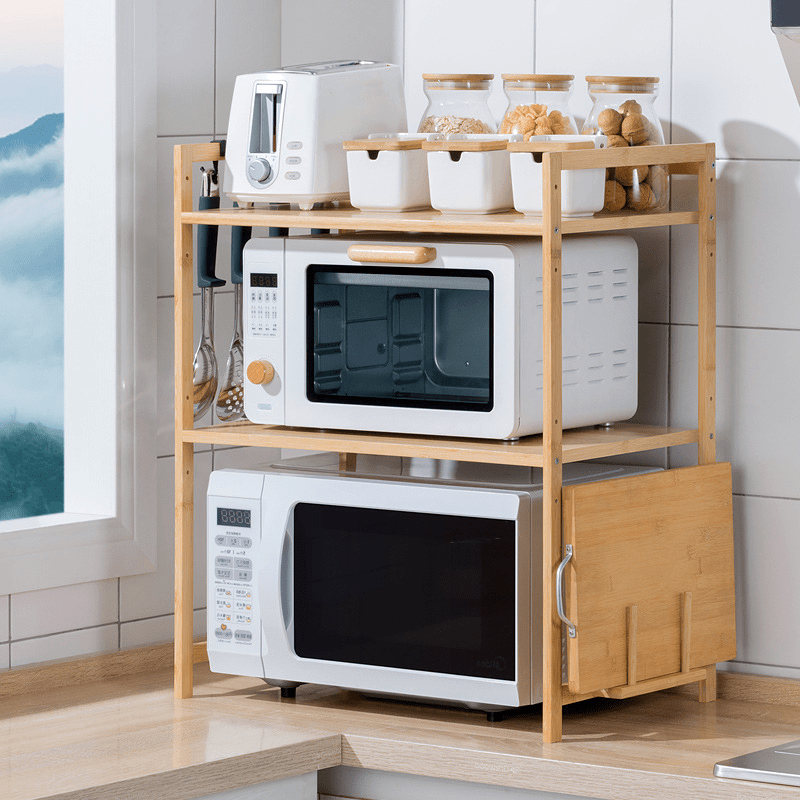 Image of Bamboo Microwave Stand With Spice Rack - Polished Finish, Kitchen Organizer For Oven & Seasonings Storage