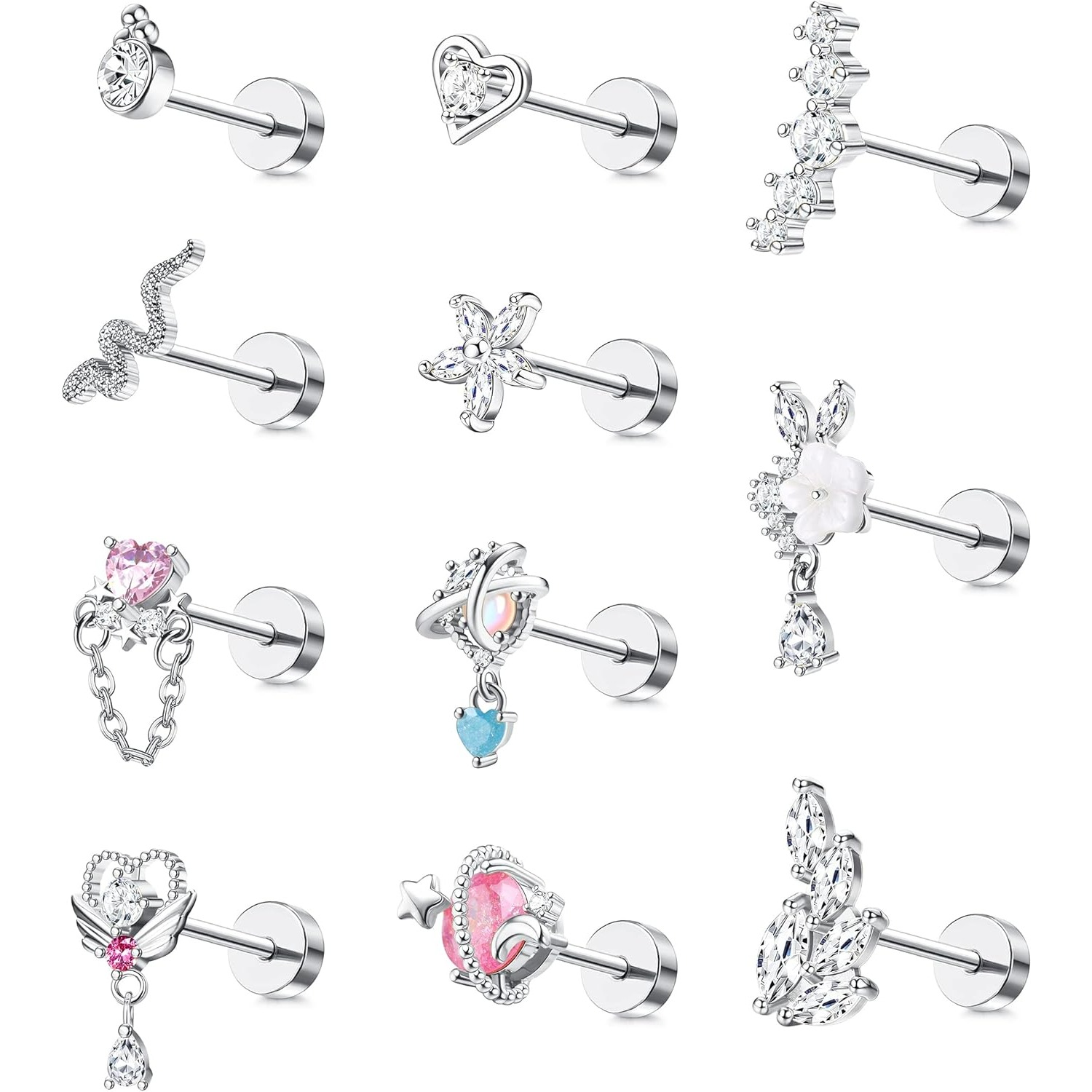 Image of 2d Flat - 11pcs Cartilage Earrings For Women Men Stainless Steel Screwback Flat Back Earrings Heart Dangle Cartilage Earring Stud Cartilage Helix Piercing Jewelry