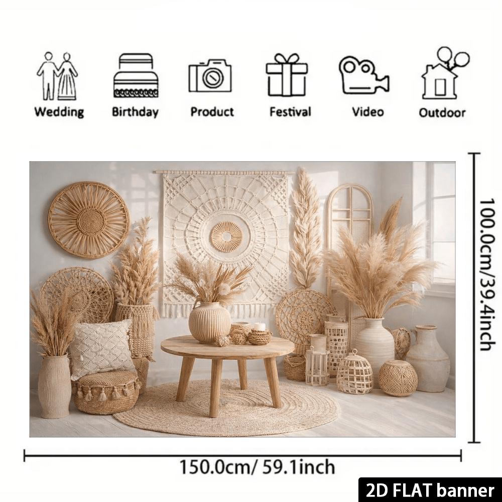 Fondo de sala de estar estilo Wabi-Sabi 2D con tapiz tejido a mano y decoración de pared circular de paja. Combinado con faroles de ratán, ramos de caña, jarrones de cerámica y una mesa baja de madera, el diseño general presenta tonos cálidos beige y madera natural. Acentuado con una alfombra suave