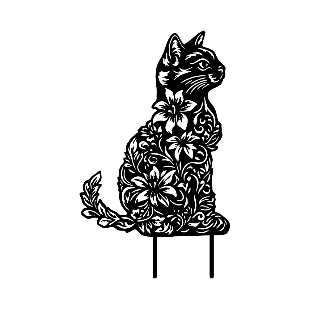 Image of 【2d Flat】 1pc Metal Flower Cat Garden Stake With Kitten & Paw Print - Outdoor Yard Decoration Suitable For Patio, Lawn Ornament, Christmas Gift For Cat Lovers, Durable Iron