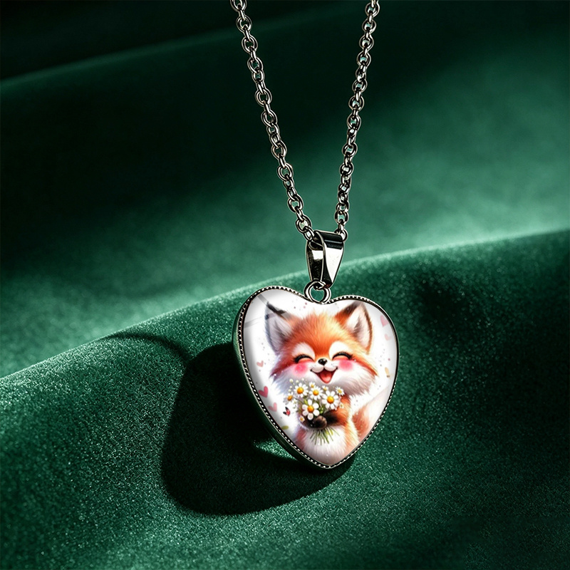 3pc Cute Fox Holding Daisies Glass Necklace & Earrings Set