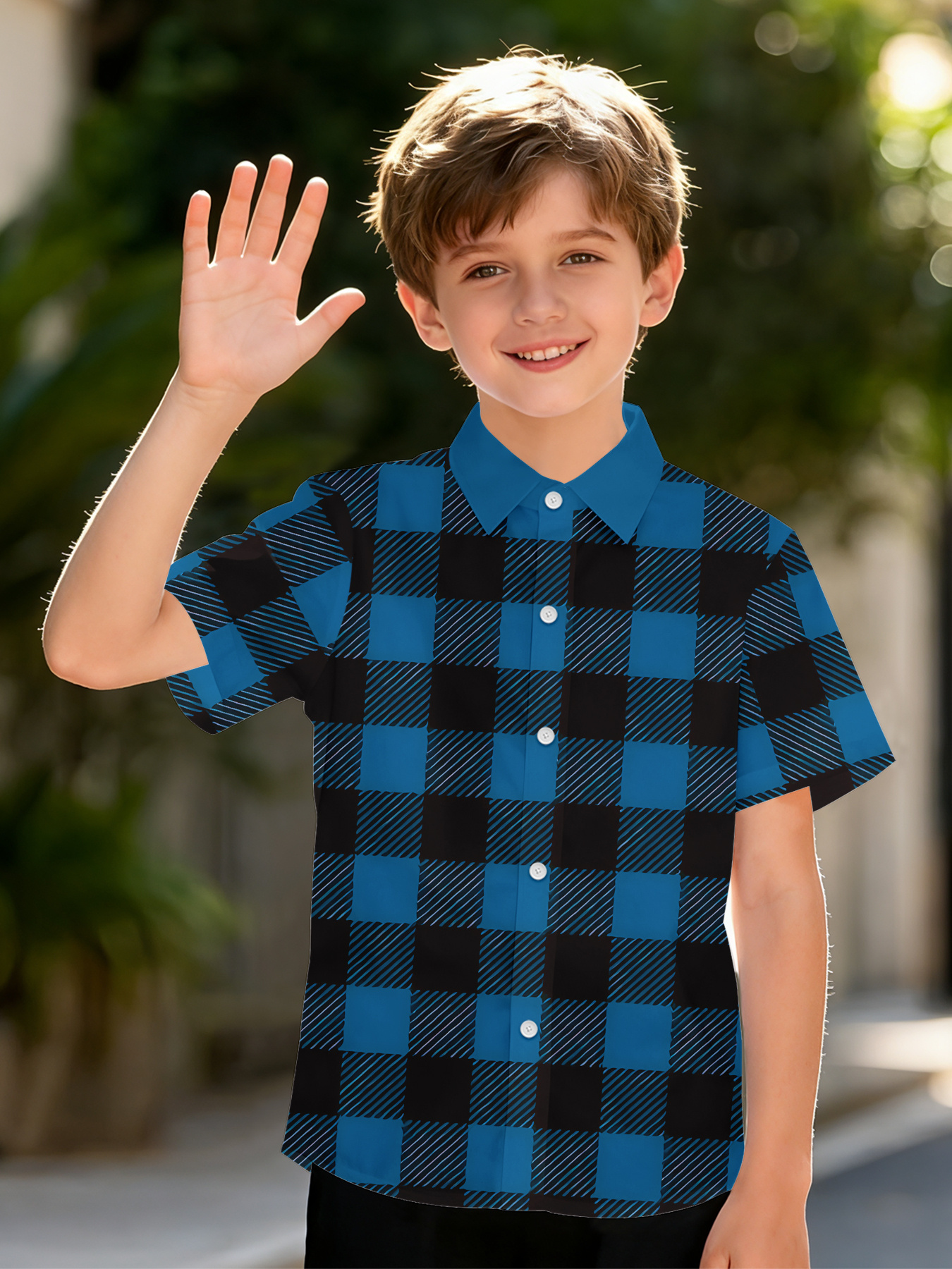 Camisa a cuadros azul frío con estampado digital, camisa creativa para niños, camisa casual de manga corta con solapa, un regalo perfecto para niños