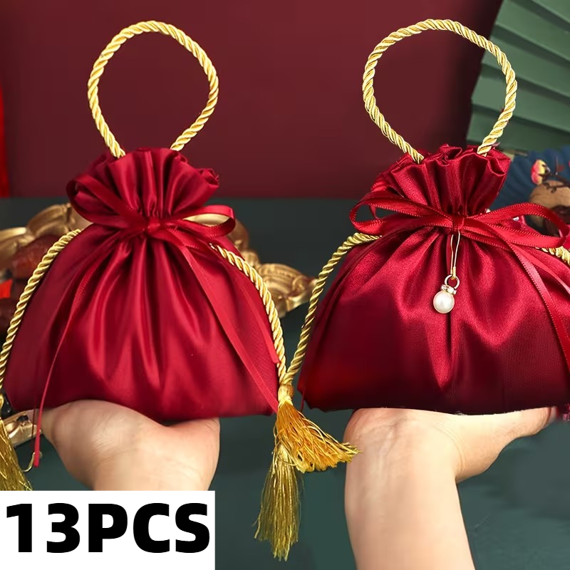 TEMU 13pcs Set Of Red And Golden Tassel Drawstring Bags - Wide Polyester Gift Bags Suitable For Christmas, New Year Party Supplies, Candy Packaging,