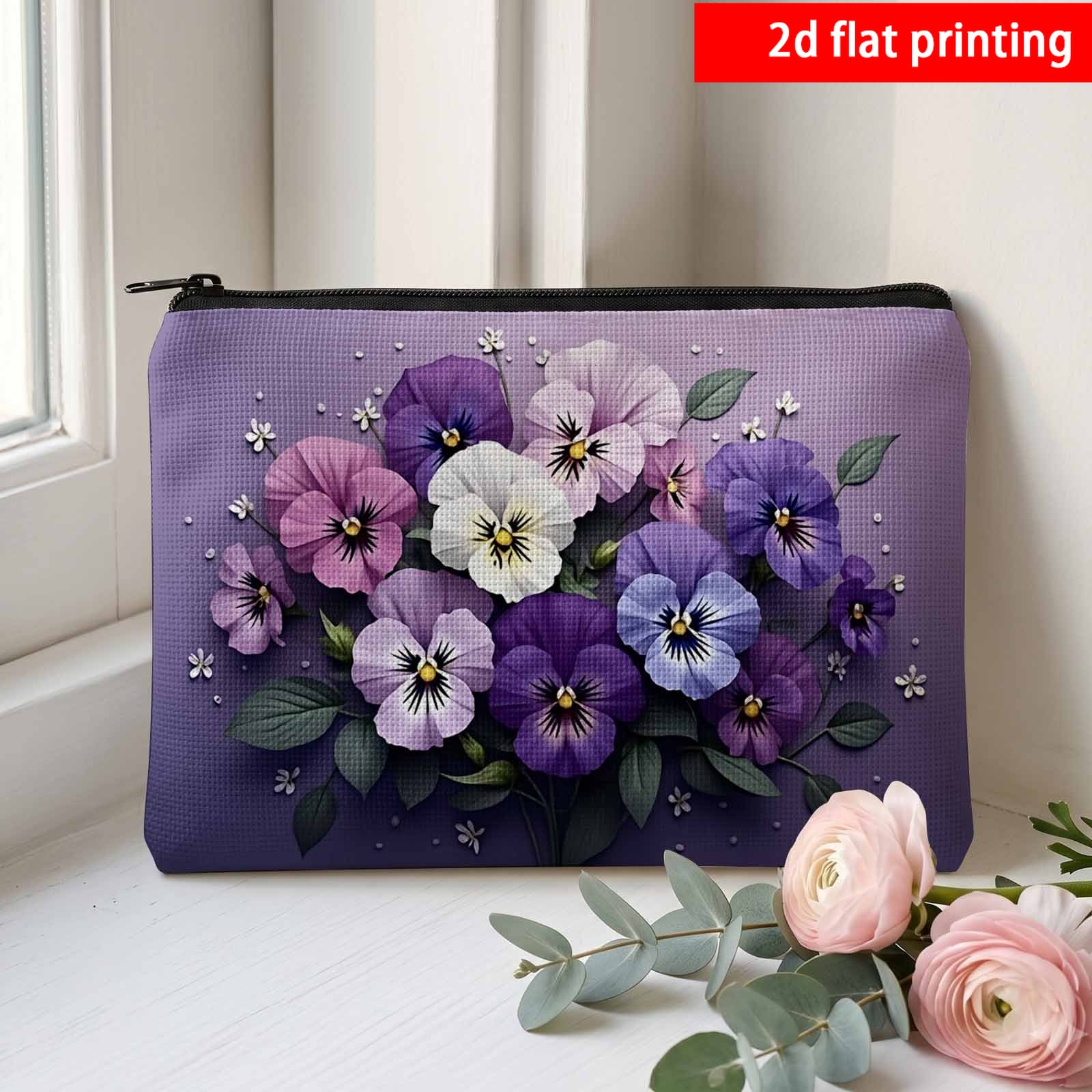 TEMU Purple Pansy Floral Toiletry Bag - Lightweight Reusable Suitable For Travel & Daily Use, Double-sided Elegant Daisy & Pansy Design, Zipper