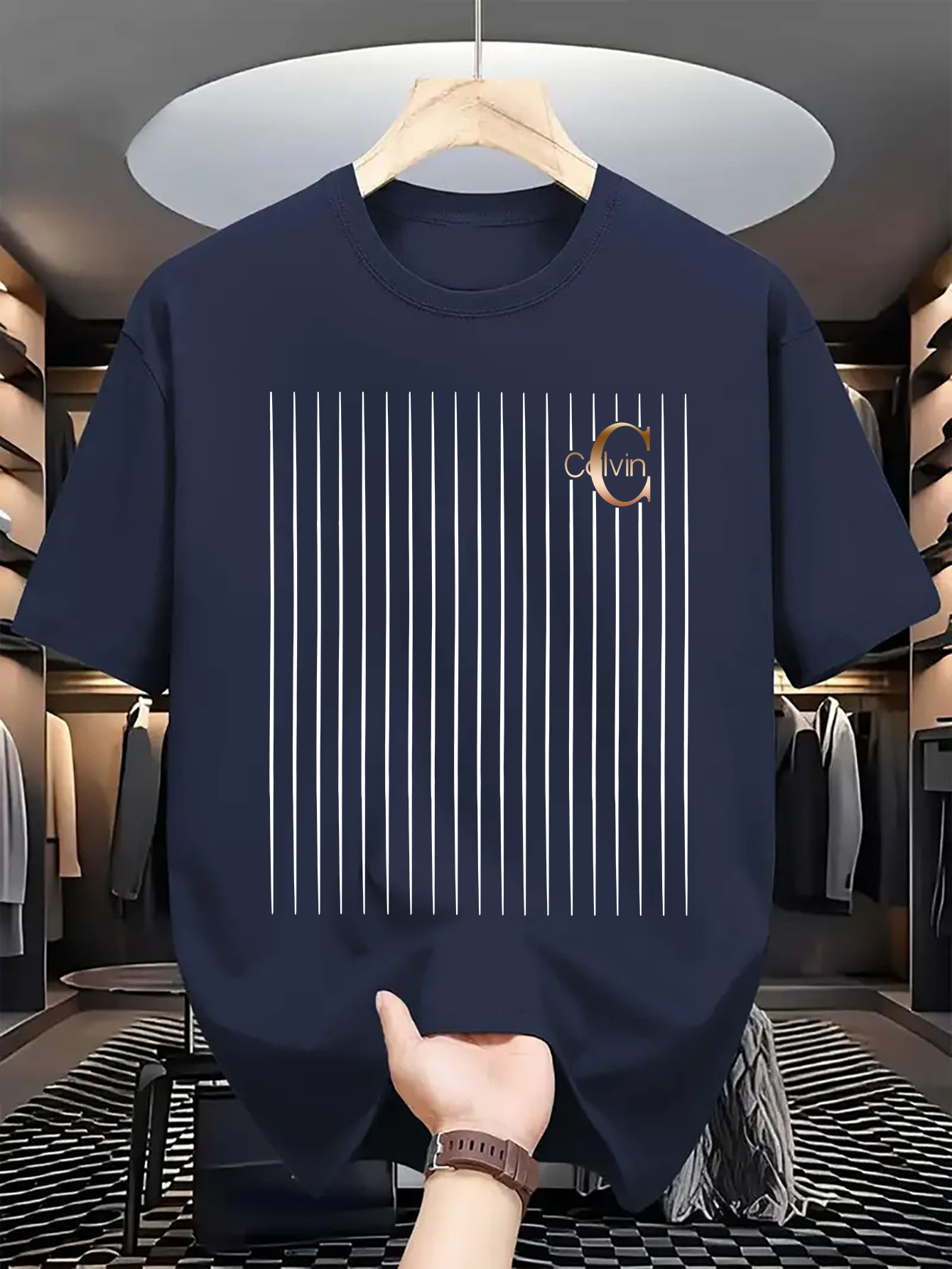 Men's casual and fashionable minimalist lines - C-Calvin printed T-shirt, round neck comfortable polyester fabric, suitable for daily wear as fashionable streetwear, Men's clothing