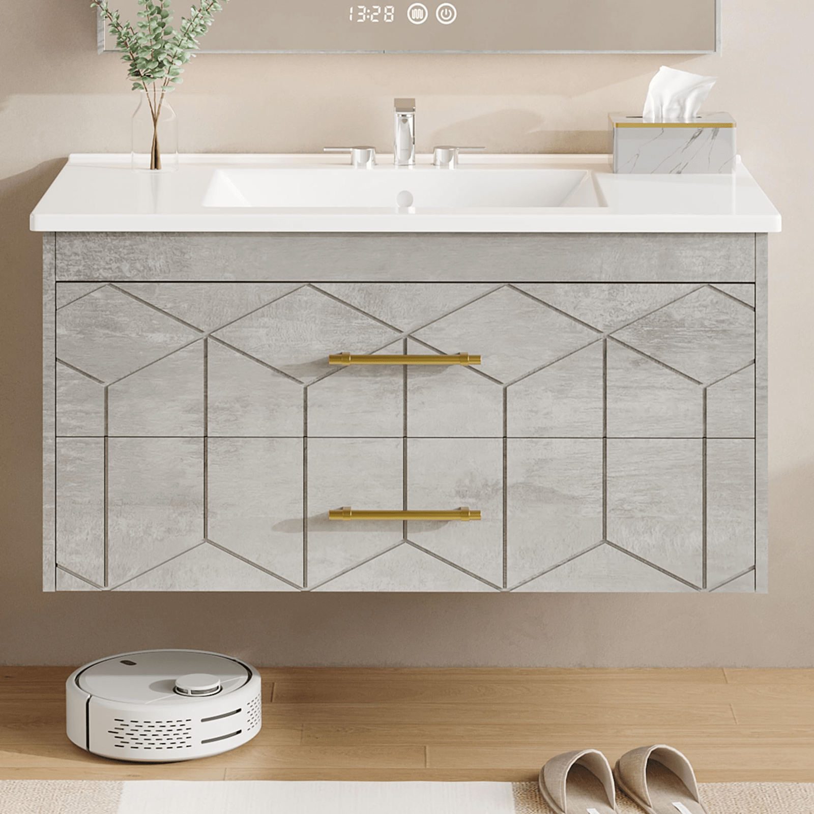 36-Inch Grey Floating Bathroom Vanity - Modern Design with Ceramic Sink