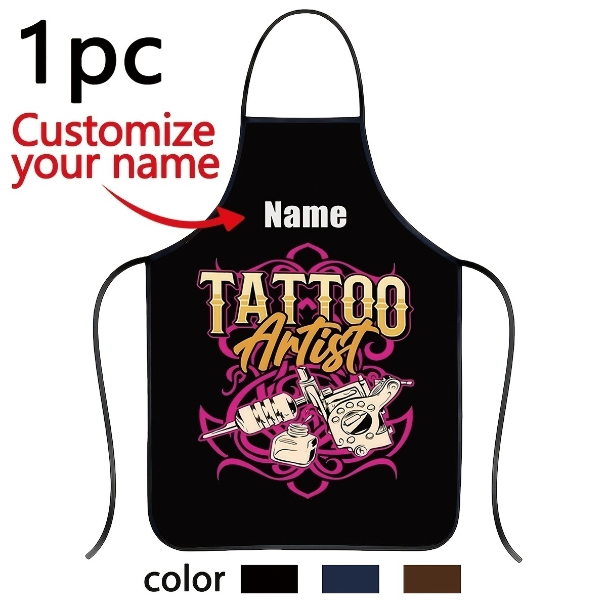 TEMU 1pc Customizable Name Tattoo Artist Apron, Tattoo Tool Pattern, 150g/ã¡ Thickened Polyester Fabric, Painting Handcraft Cooking Baking Gardening