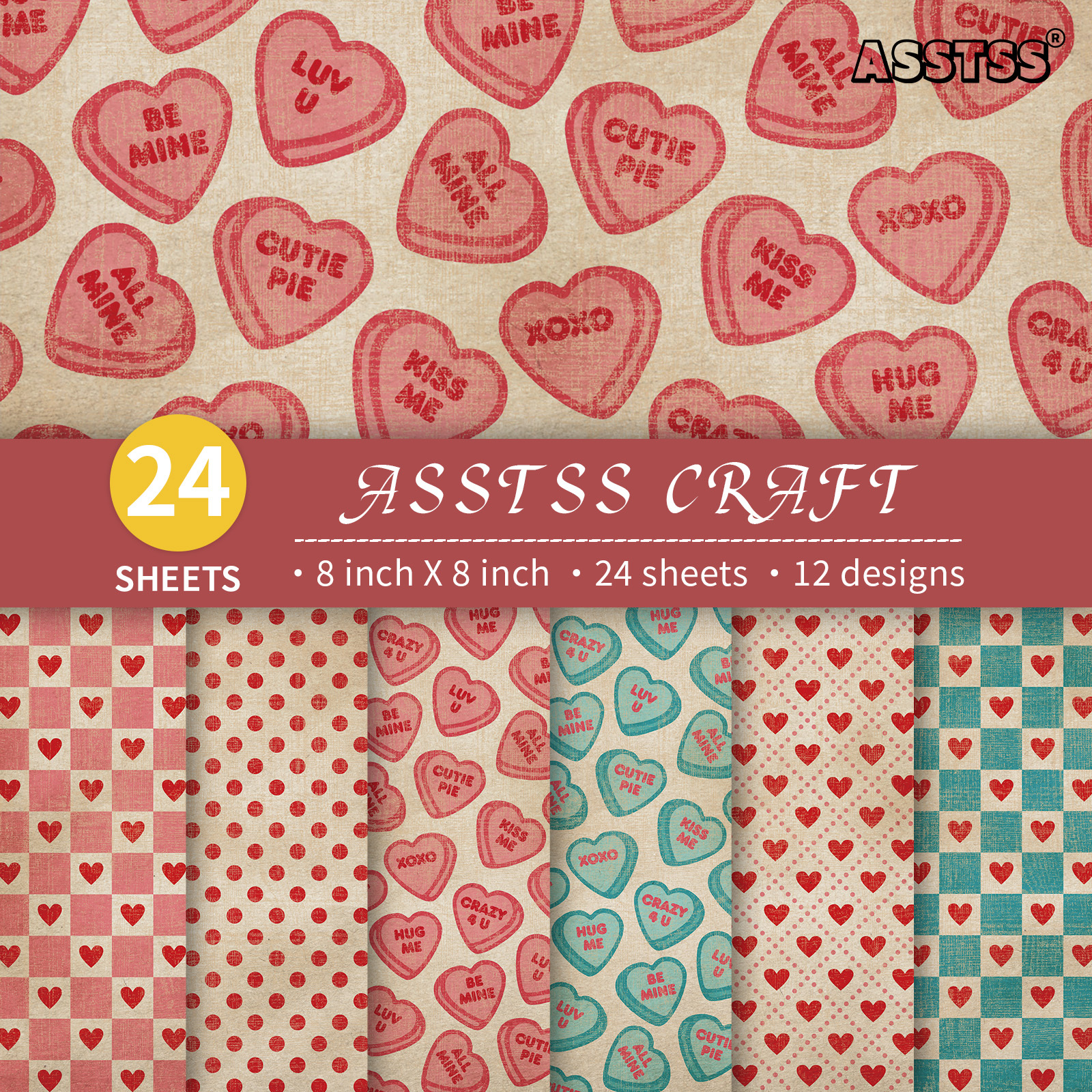 TEMU 24-sheet Asstss 8*8-inch Scrapbooking Paper Pad, Heart Valentine's Day Theme Style Backing Paper Supplies, Heavyweight Cardstock For Journaling,