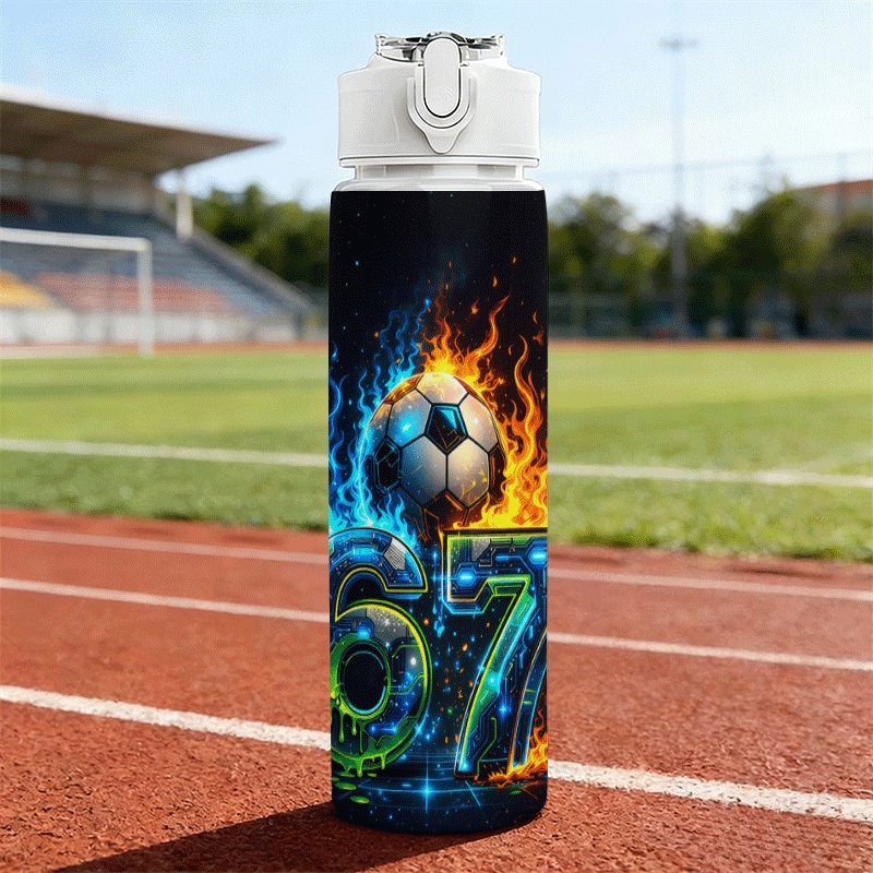 TEMU Capacity 25 Oz/750ml 1pc 2d Pattern Printed Colorful Plastic Water Bottle, Pop Top With Straw, Carrying Strap Glowing Cyber Numbers 6 And 7