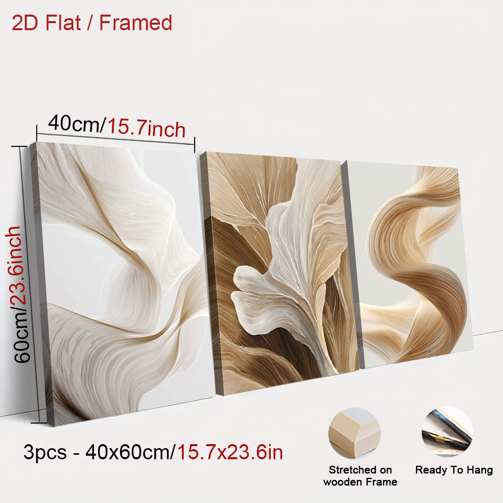 TEMU 2d Flat, 2d Flat, 3pcs Framed Soft Brown Wall Arts, Abstract Flow Decorations Posters, Textured Design Canvas Paintings, Classic Wall Decor