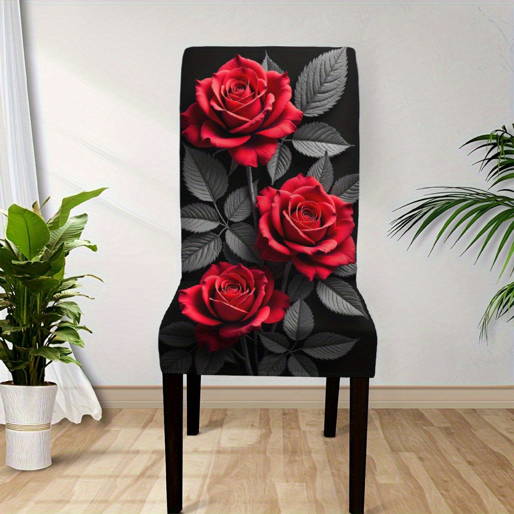 TEMU Modern Elastic Chair Cover With Red Rose Print, Stretchable Dining Chair Cover, Suitable For Room And Kitchen Decoration, Seat Protection,