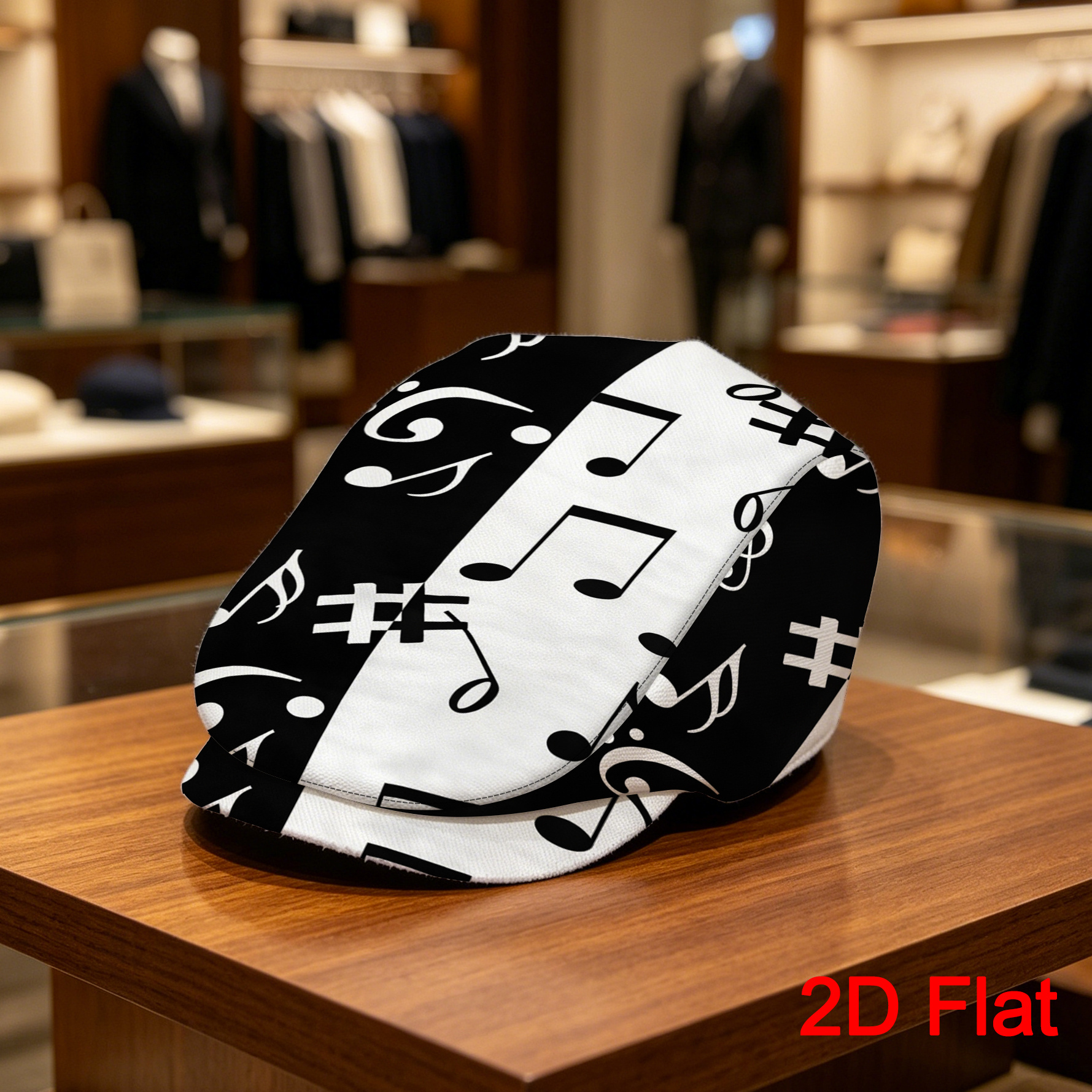 TEMU 1pc 2d Flat With Musical Notes Black White Print Men Beret Hat Vintage Hat Adjustable Flat Fashionable Face-slimming Simple Suitable For Daily