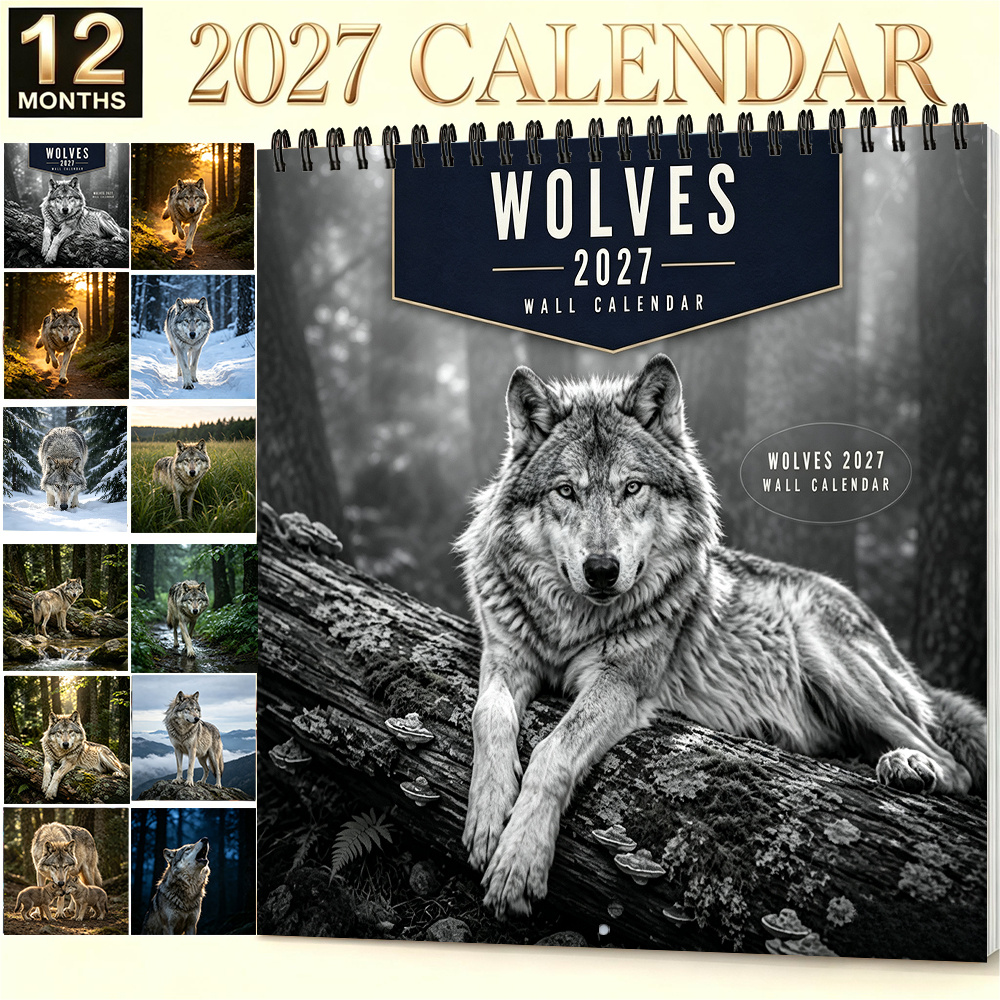 TEMU 2027 Wall Calendar 8.3x8.3 Inch Wolves Themed Monthly Calendar Thick Paper Home Office Classroom Decor Hanging Calendar For Christmas Halloween