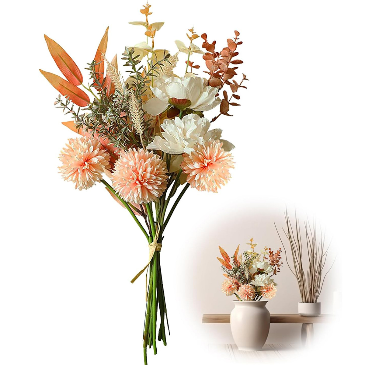 Image of Artificial Flower Bouquet, Realistic Flowers European Nordic Style Fake Flowers For Wedding Bridal Bouquet Home Decor - Handcrafted Peony Hydrangea Arrangement