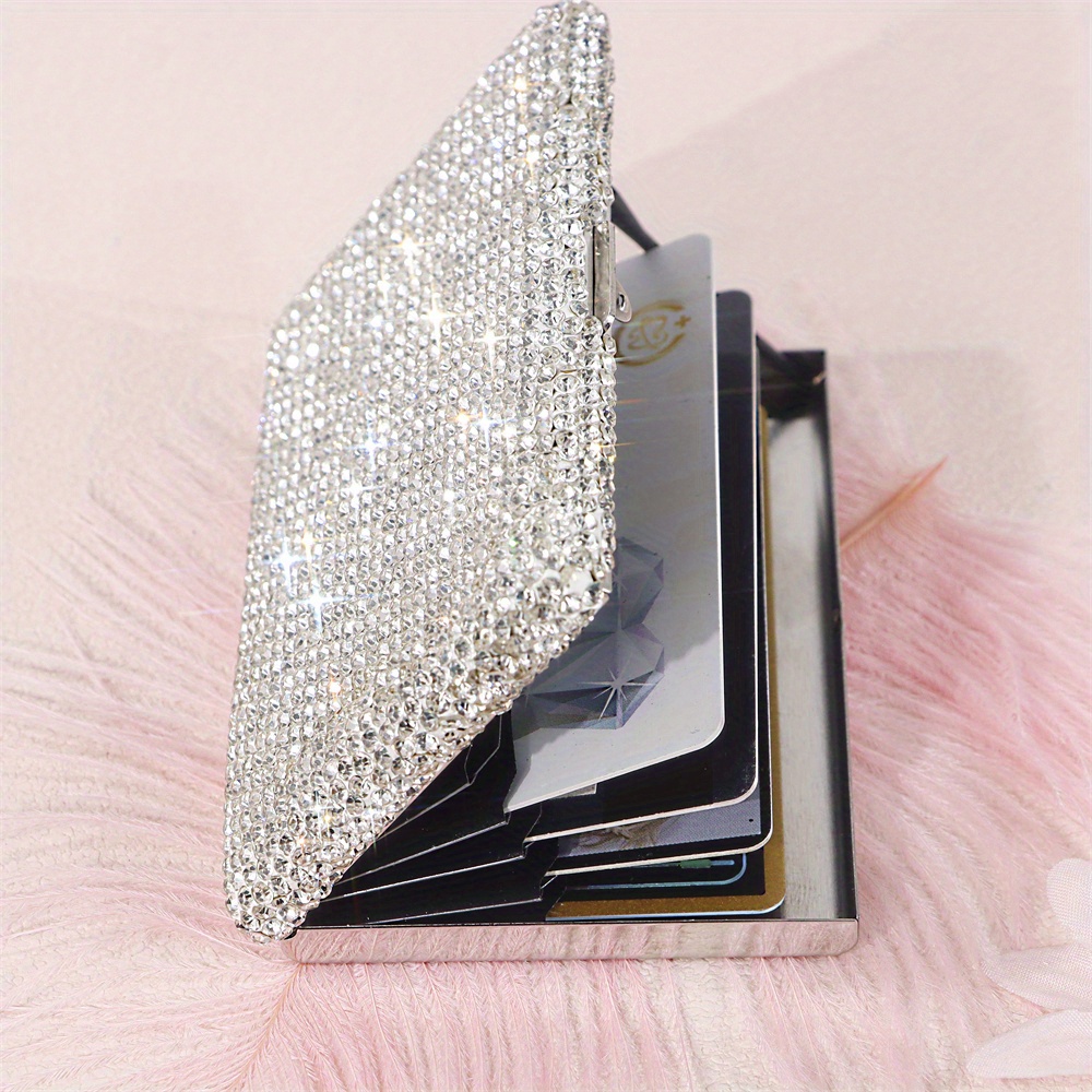 

1pc Elegant Rhinestone Card Holder, Stainless Steel Metallic Magnetic-proof, 6-card Capacity Business Card Case, Fashion Accessory, White, Office Use, High-quality, Ideal Gift