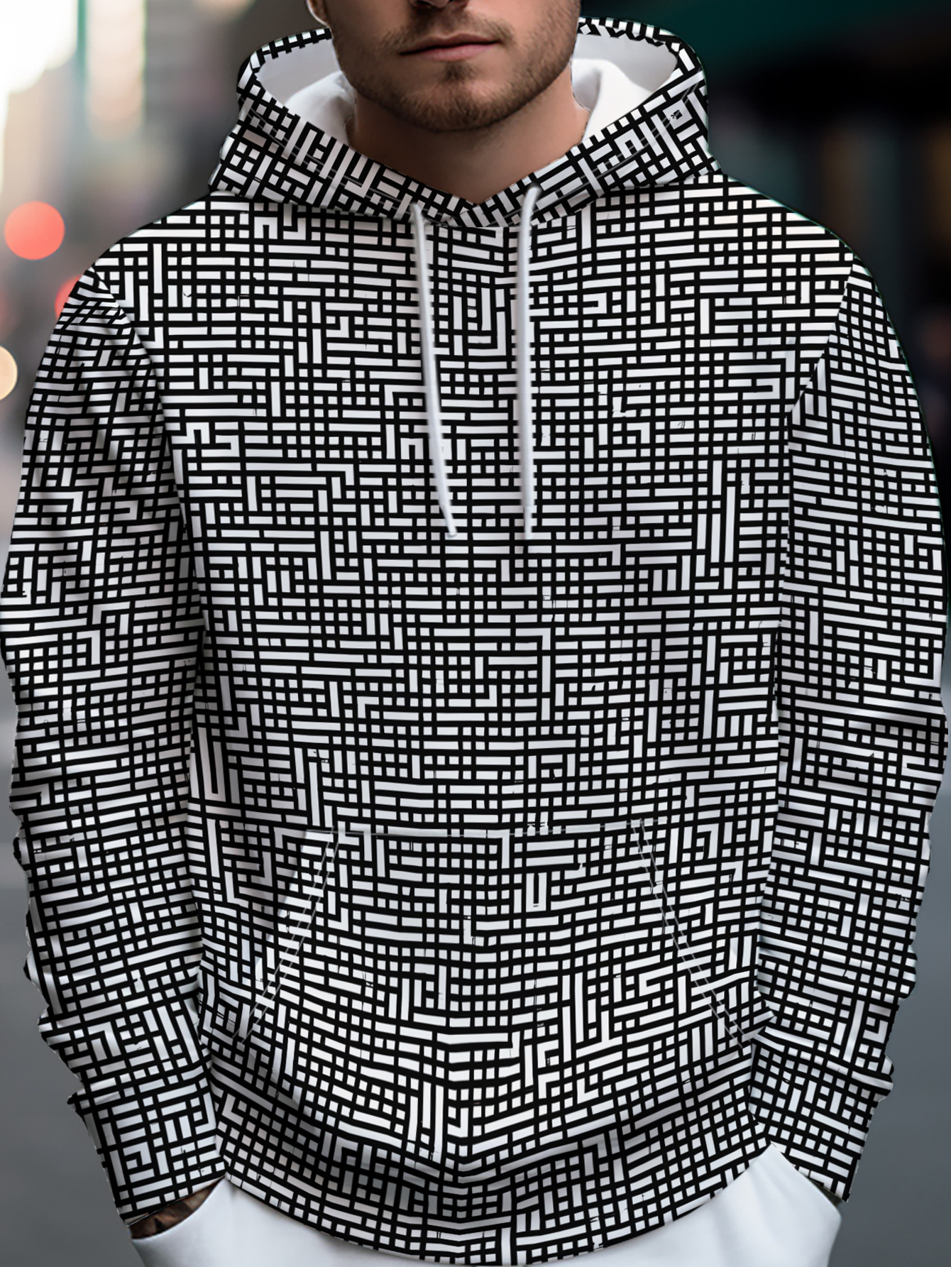 this mens trendy streetwear hoodie features a complex design   of black and white geometric lines embodying a strong street style   and artistic pattern elements   for easy creation of unique outfits the drawstring design adds a