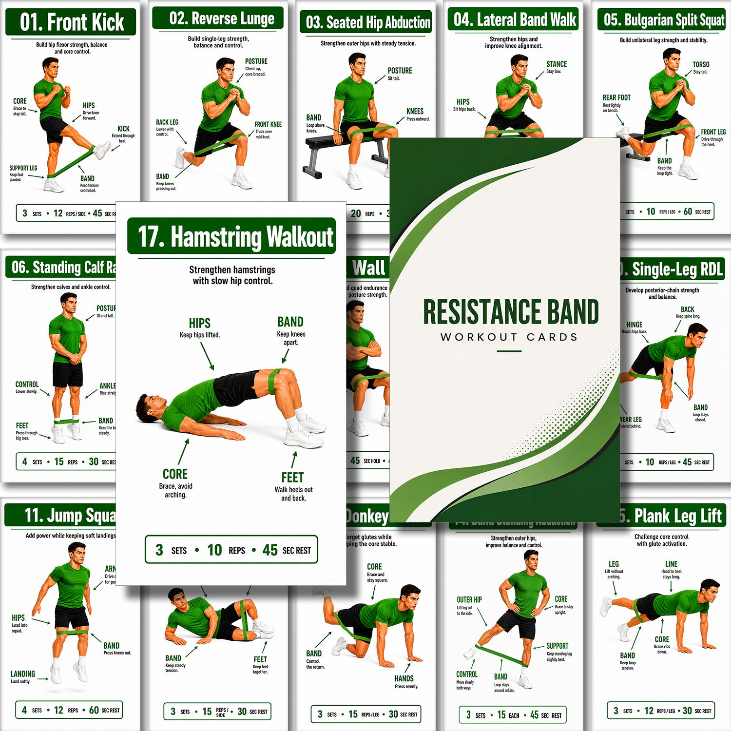 TEMU Lot de 20 cartes d'entraînement avec bandes de résistance - Guide d'exercices par | Cartes pour entraînement de force complet du corps, adaptées