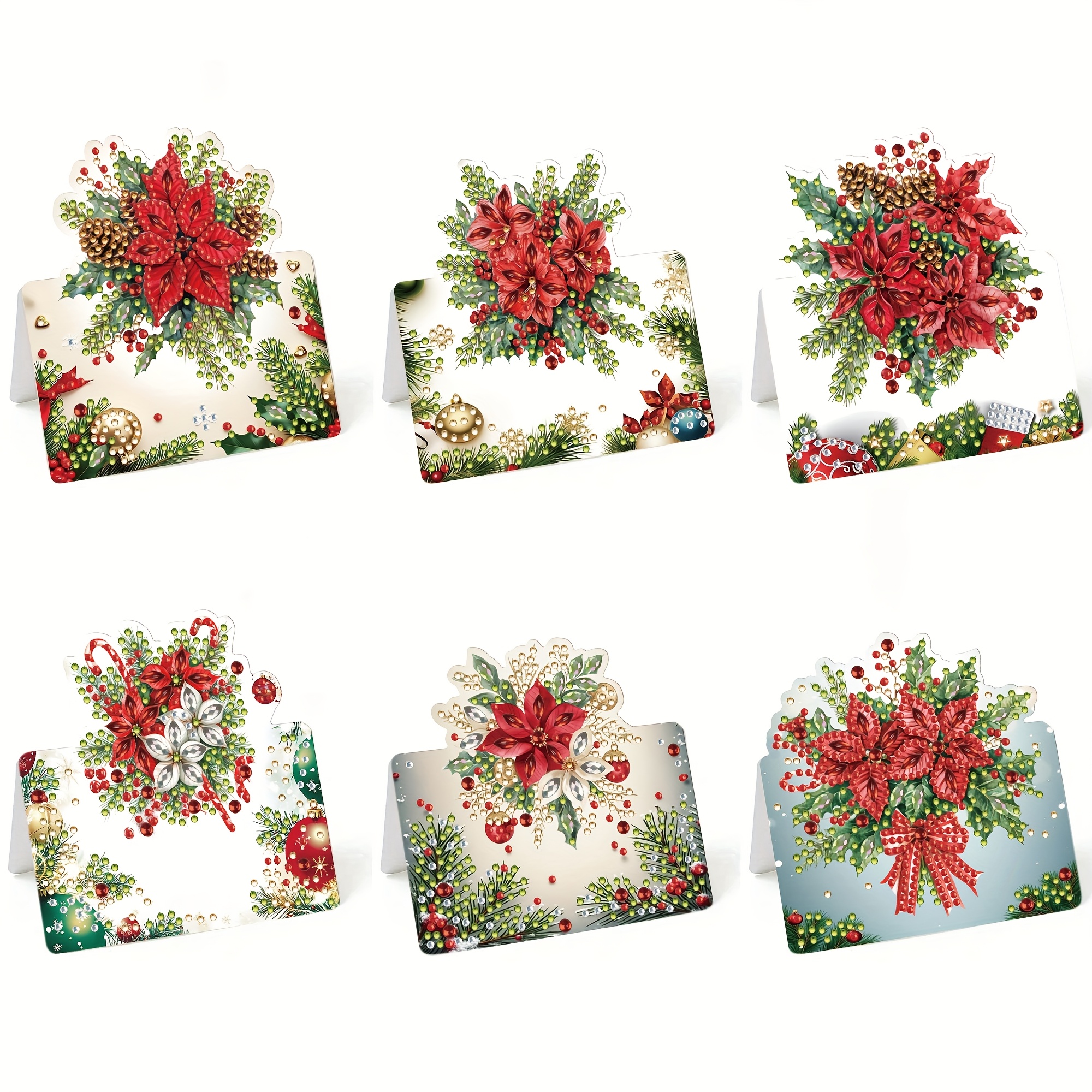 TEMU A Set Of 6 Christmas-themed Poinsettia Diamond Painting Greeting Cards, Featuring Cards With Unique Shaped Rhinestone Art, New 3d Pop-up Cards,