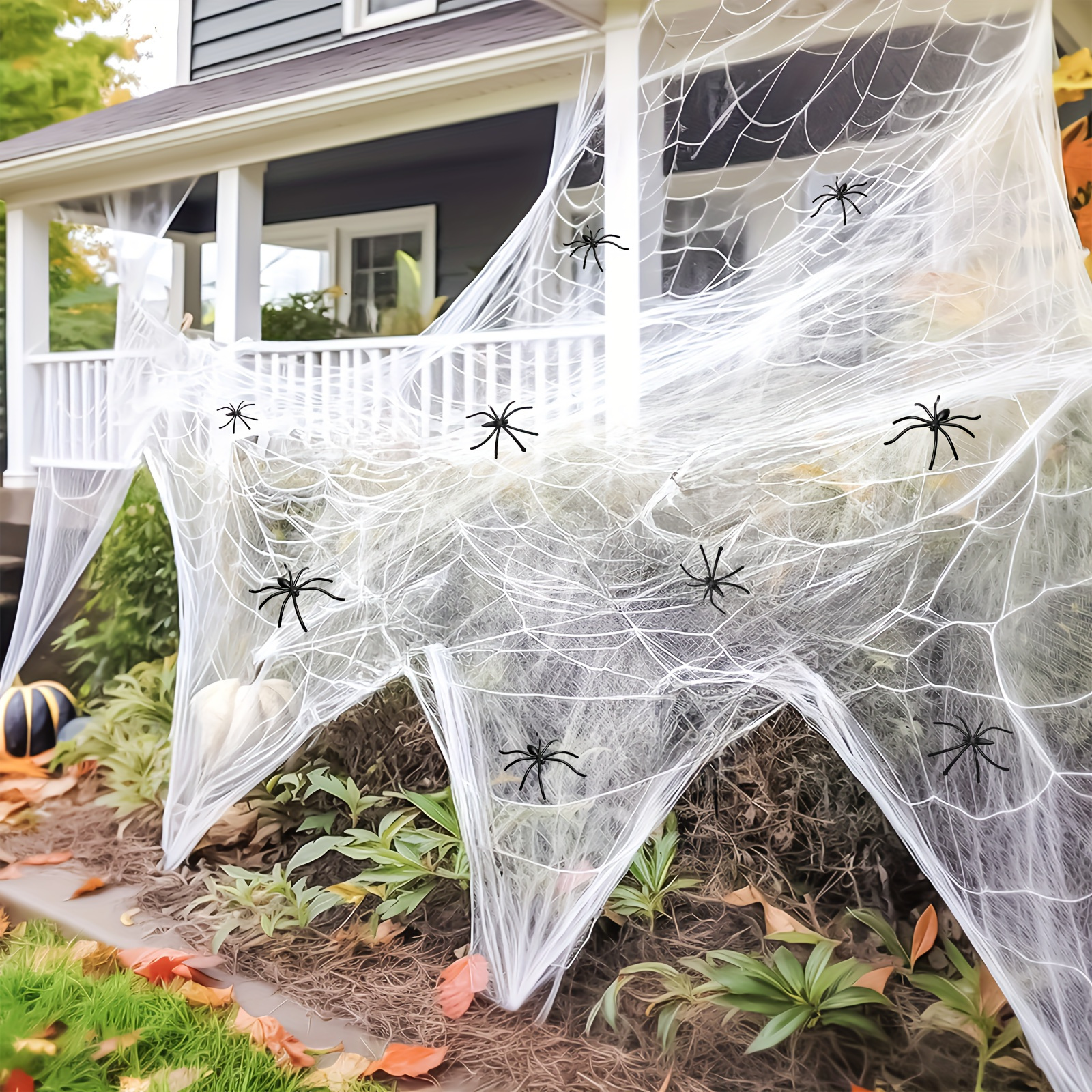 Image of 200 Sq Ft Halloween Stretch Cobweb Decor With 10 Fake , Elastic Web Decorations For Indoor Outdoor Yard, Bar, Party And Haunted House Holiday Decor