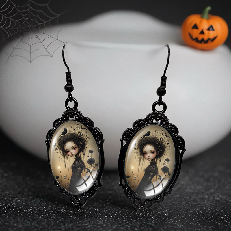 TEMU A Pair Of Handmade Oval Earrings Featuring Black Lace, Designed For Magical Girl Bird Enthusiasts, Perfect As A Gift, Without Battery