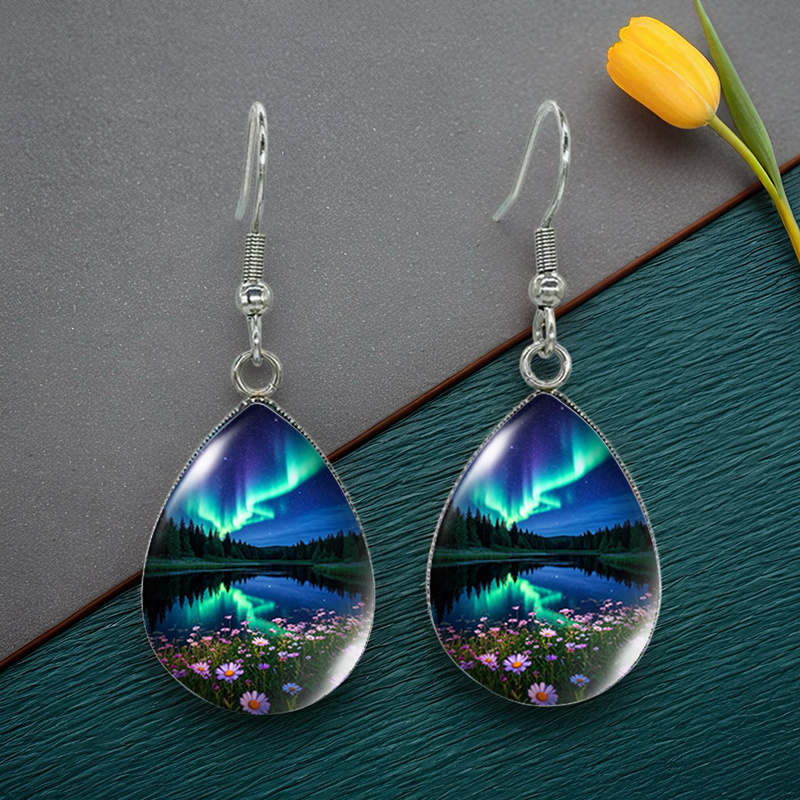 TEMU 1 Pair Wildflowers Aurora Tear Drop Earring Handmade Glass Dome Dangle Earrings Jewelry Gifts