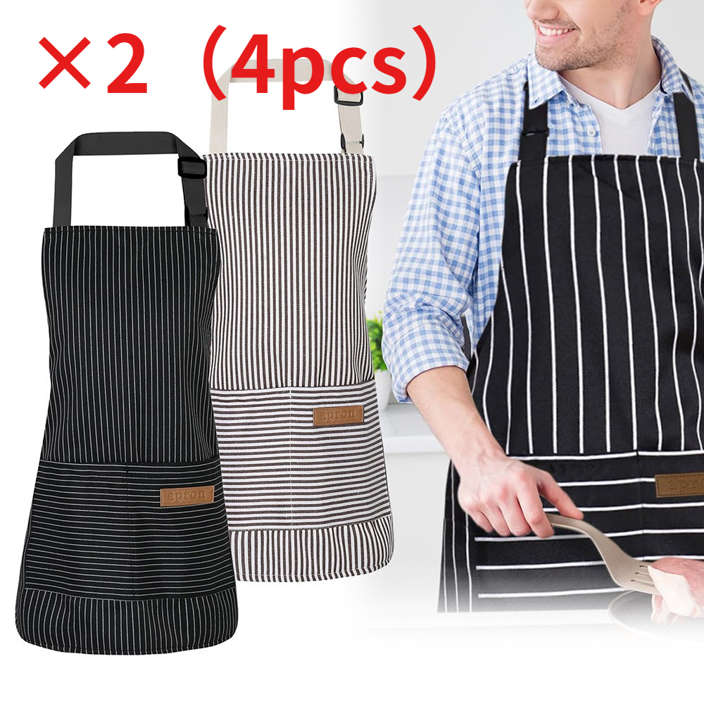 Image of 4pcs & Black Striped Bib Aprons, Adjustable Hanging Neck Kitchen Chef Apron With Pockets For Cooking, Baking, Restaurant - Unisex For Men And Women