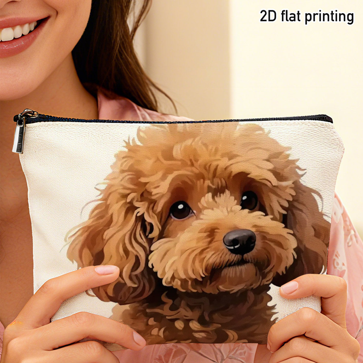 TEMU 2d Flat 1pc Cartoon Cute Brown Poodle Makeup Bag, Fluffy Curly Dog Portrait, Perfect For Daily Beauty Storage, Weekend , Coffee Shop Touch Up,