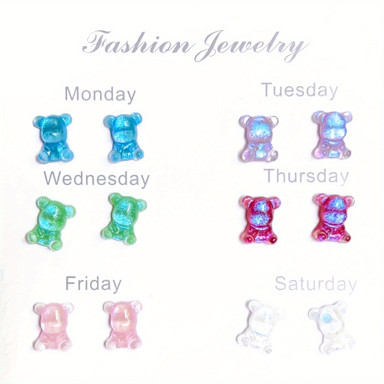 12pc Bling Bear Resin Stud Earrings Set for Sensitive Ears
