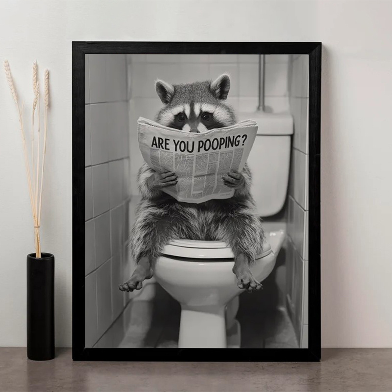 E-shop 1 Stück Lustiger Waschbär liest Zeitung auf der Toilette - Leinwandposter Druck (30,48x40,64cm / 12"x16") Ungerahmt Geeignet für Badezimmer,