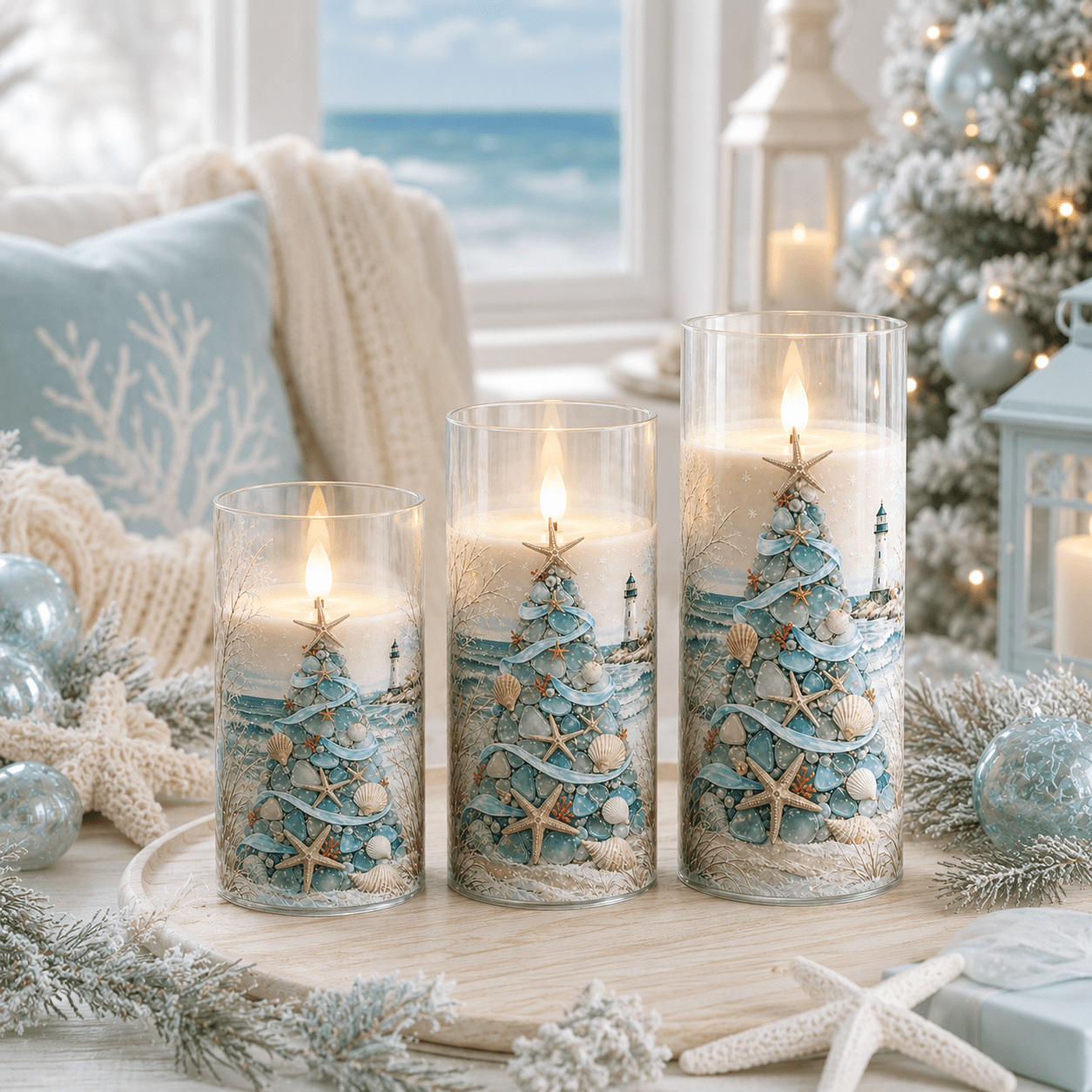 TEMU 3pcs Coastal Christmas Flameless Led Pillar Candles With Timer Remote Control, Battery Operated Flickering Candle Set, Sea Glass Christmas Tree