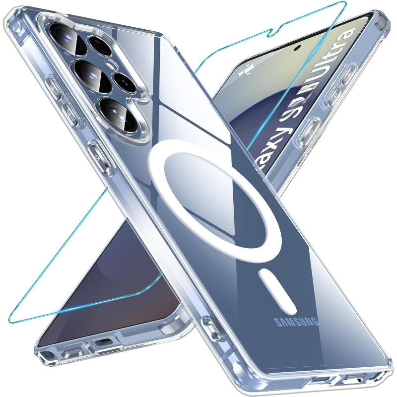 E-shop Handyhülle - 3 Stück (1 Luxus Handyhülle + 2 HD Displayschutzfolien) Transparente magnetische Hülle, kompatibel mit Samsung, kompatibel mit