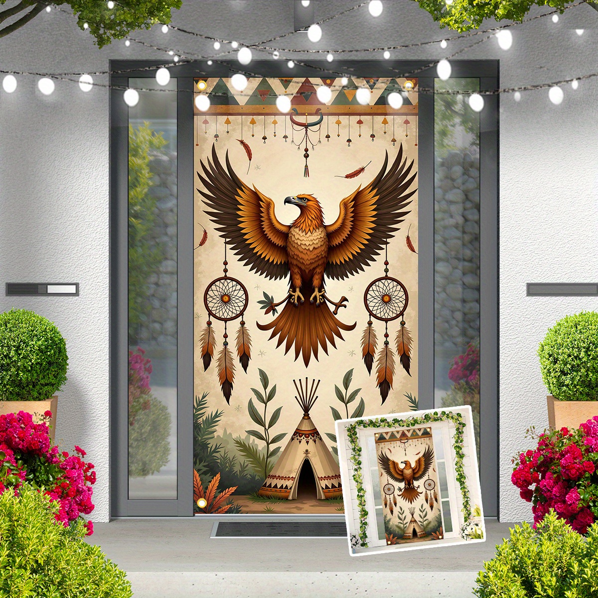 TEMU 2d Flat, 2d Door Banner, 1pc, 2d Fabric Party Banners Eagle Dreamcatcher Teepee Tent Decorative Wall Art Poster For Room Bedroom Door Cover