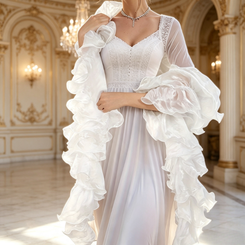 TEMU 1 châle de mariée en organza à volants, long drapé d'épaule de mariage à ourlet à volants, vêtement d'extérieur de mariée élégant, vêtement