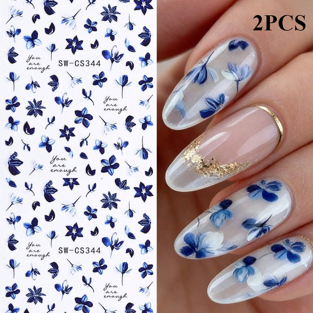 Image of 2pcs Elegant Floral Nail Stickers, Blue /summer Nail Decals Diy