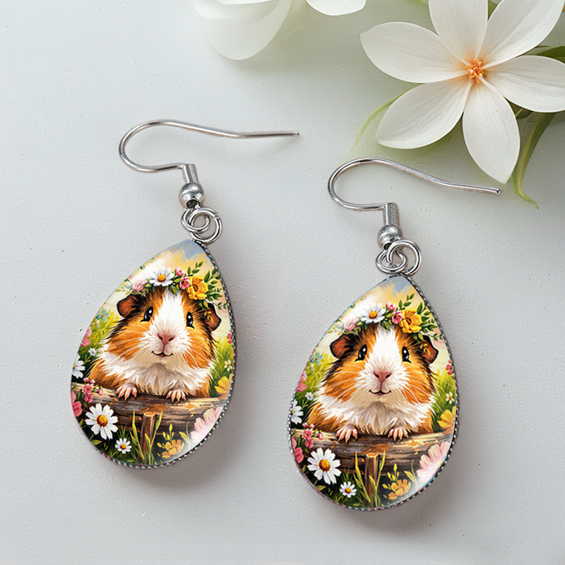 TEMU Handcrafted Glass Dome Dangle Earrings Featuring A Pair Of Adorable Guinea Pigs With A Floral Wreath, Perfect As Jewelry Gifts, Without Battery