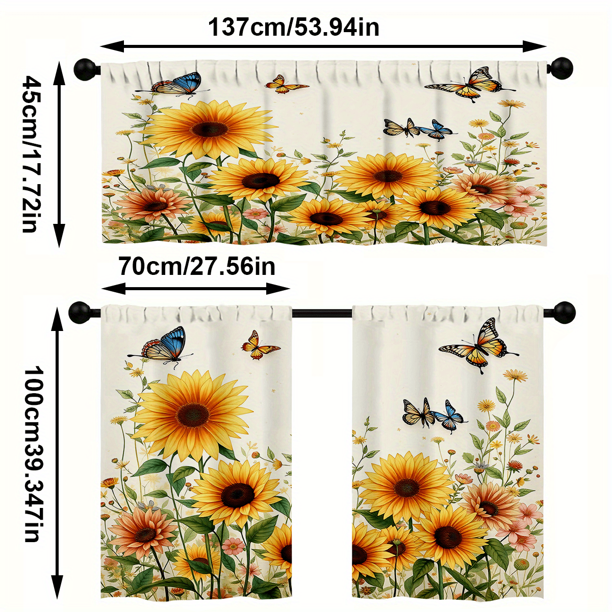 TEMU Ensemble de rideaux de cuisine 3 pièces, ensemble de rideaux à motif de fleurs de et de papillons colorés, rideau à poche pour tringle, 1 rideau
