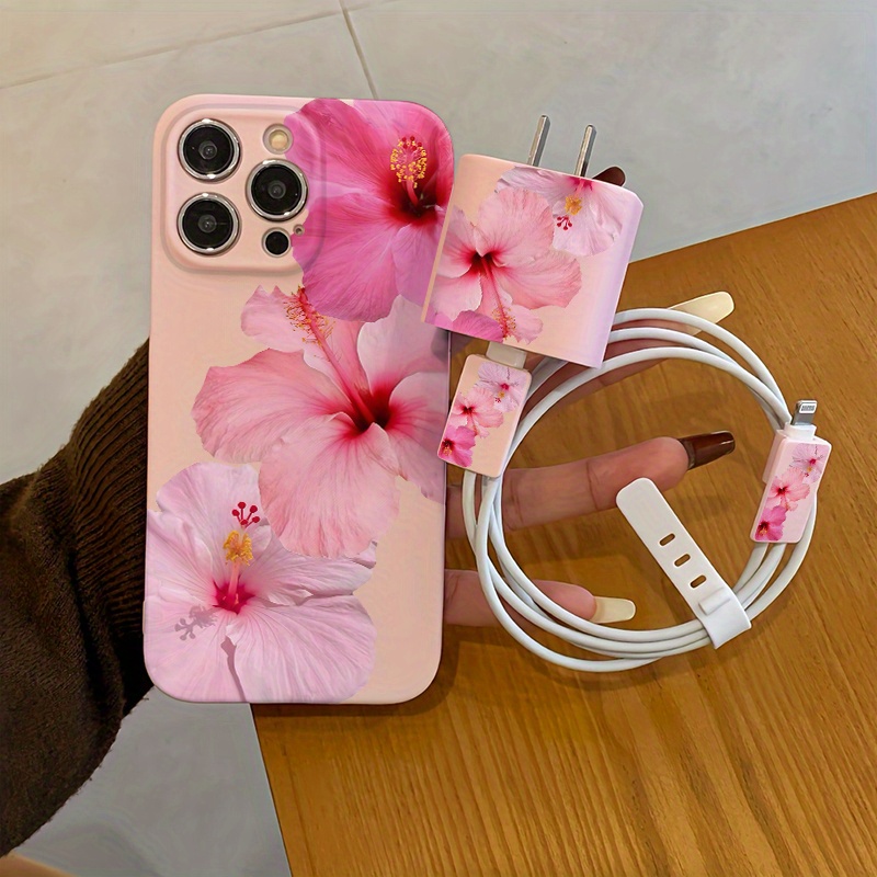 TEMU Phone Case - A 5pcs Set Featuring A Pink Hibiscus Floral Print Phone , Along With A Charger Head Cover, Cable Protector, And Storage Strap. This