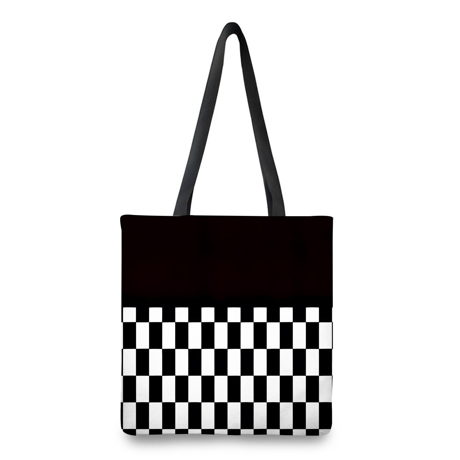 

1pc Chic Black & White Checkered Tote Bag - , Reusable Shopping Bag With Sturdy Handles, Washable Polyester, Daily , Travel, Beach, And Gifts