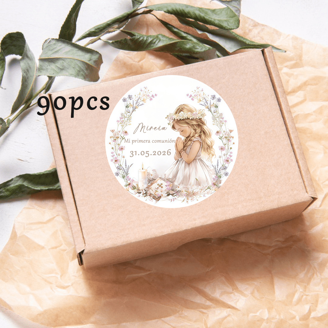 TEMU 40/90 uds. de pegatinas personalizadas para corona de primera comunión, pegatinas de bautismo con diseño de decoración de hojas verdes,