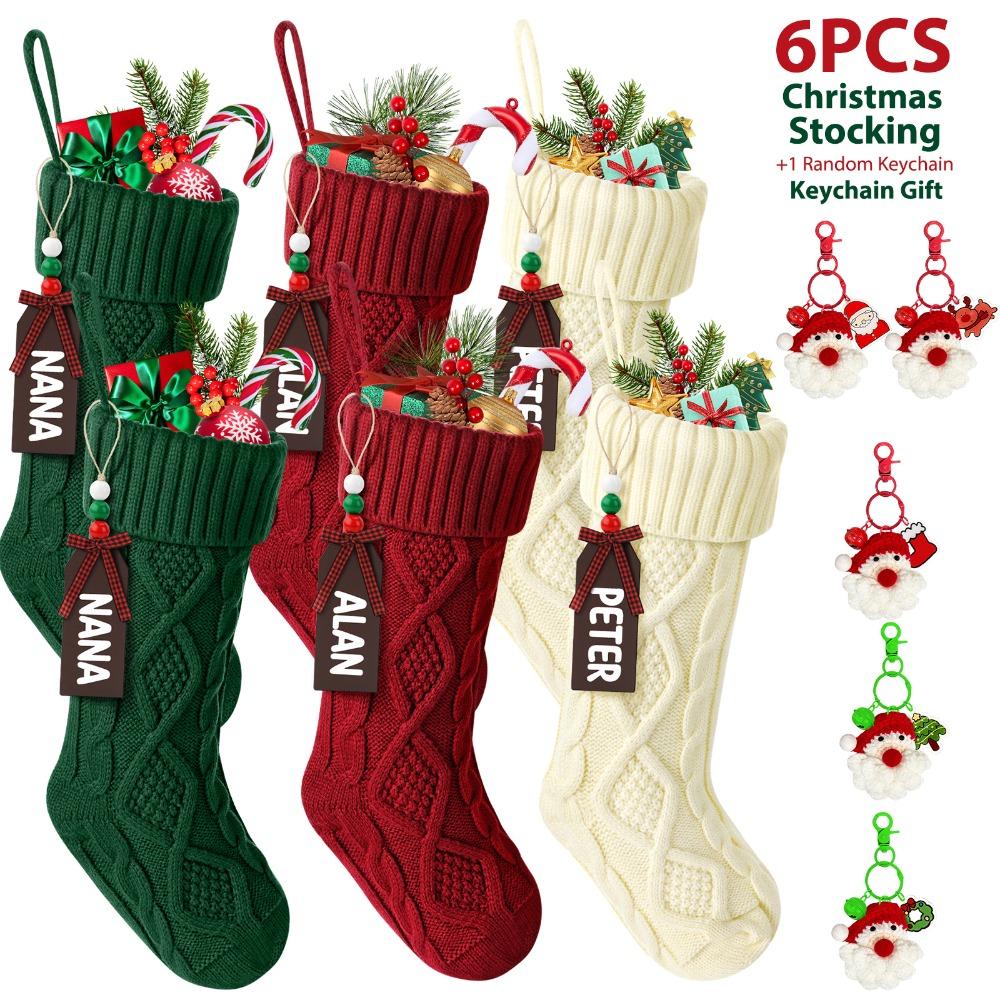 TEMU 6 Pack Cable Knit Christmas Stockings Santa Keychain Gift, Blank Name Tag Christmas Hanging Stocking, Soft Thick Knitted Xmas Sack For Fireplace